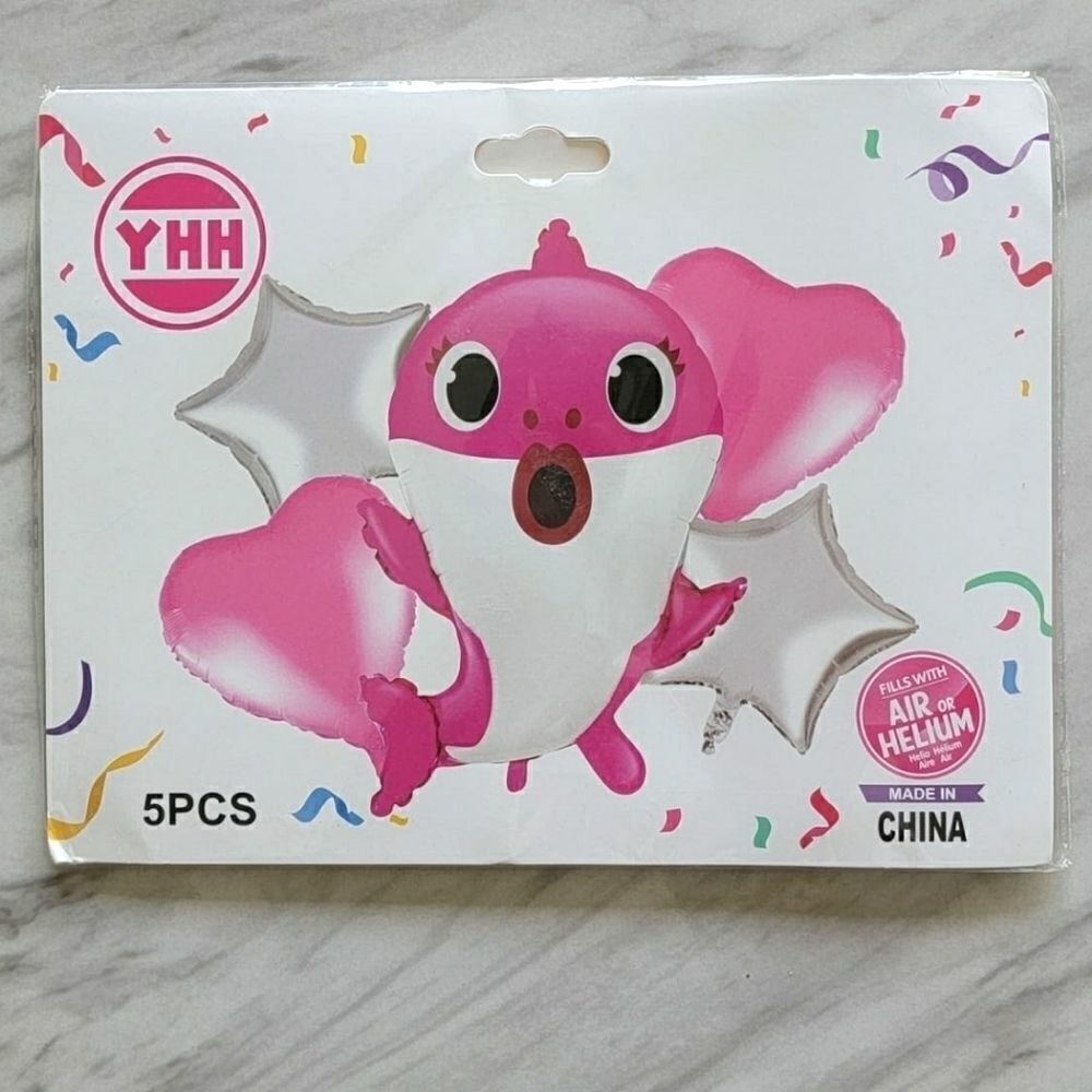 5 Pcs Baby Shark Pink Silver Heart Stars Balloons